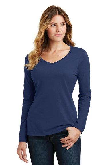 Port & Company LPC450VLS Womens Fan Favorite Long Sleeve V-Neck T-Shirt Team Navy Blue Model Front