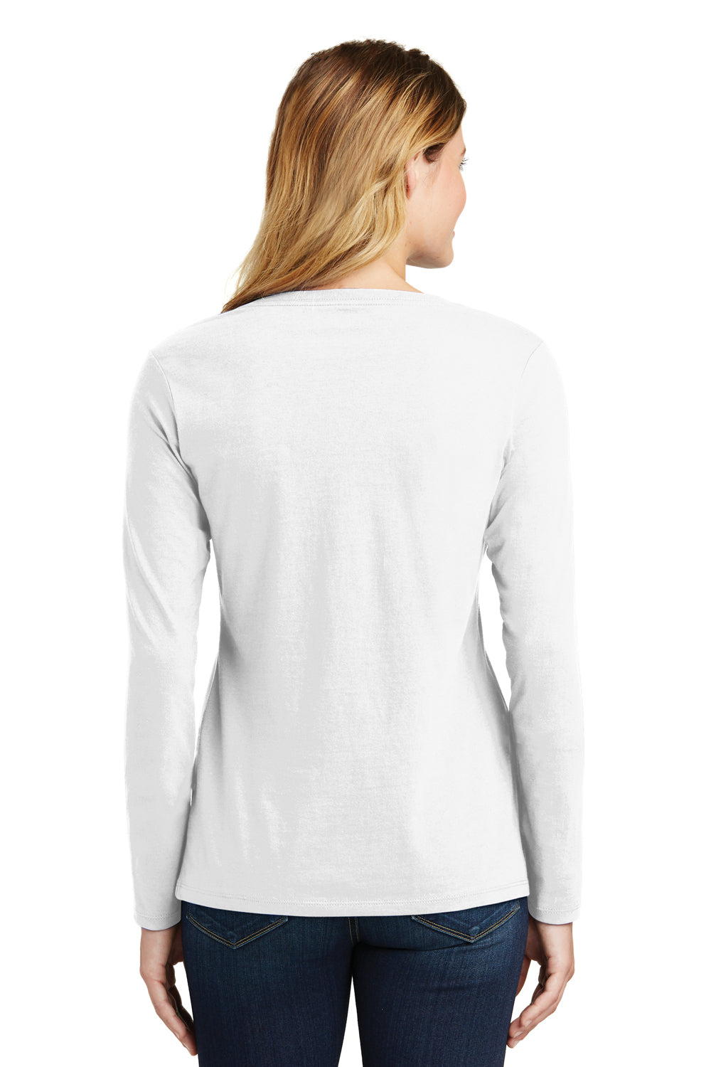 Port & Company LPC450VLS Womens Fan Favorite Long Sleeve V-Neck T-Shirt White Model Back