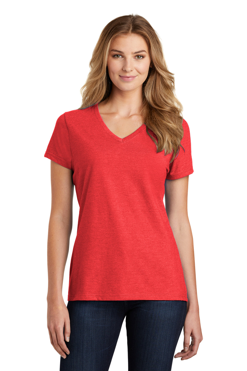 Port & Company LPC455V Womens Fan Favorite Short Sleeve V-Neck T-Shirt Heather Bright Red Model Front