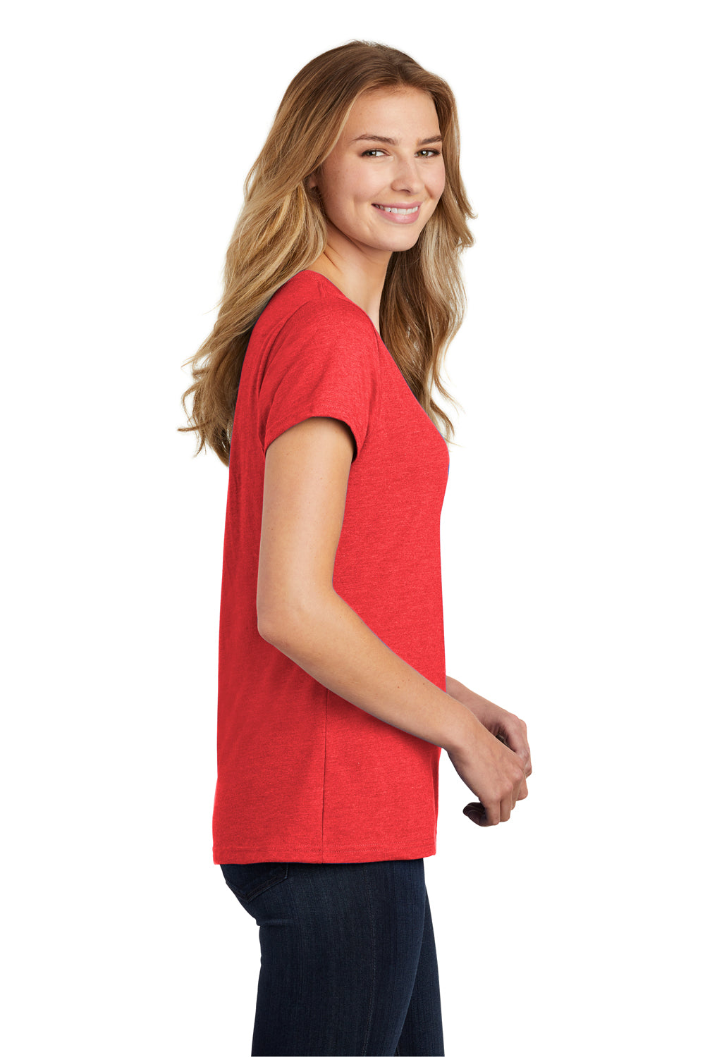 Port & Company LPC455V Womens Fan Favorite Short Sleeve V-Neck T-Shirt Heather Bright Red Model Side