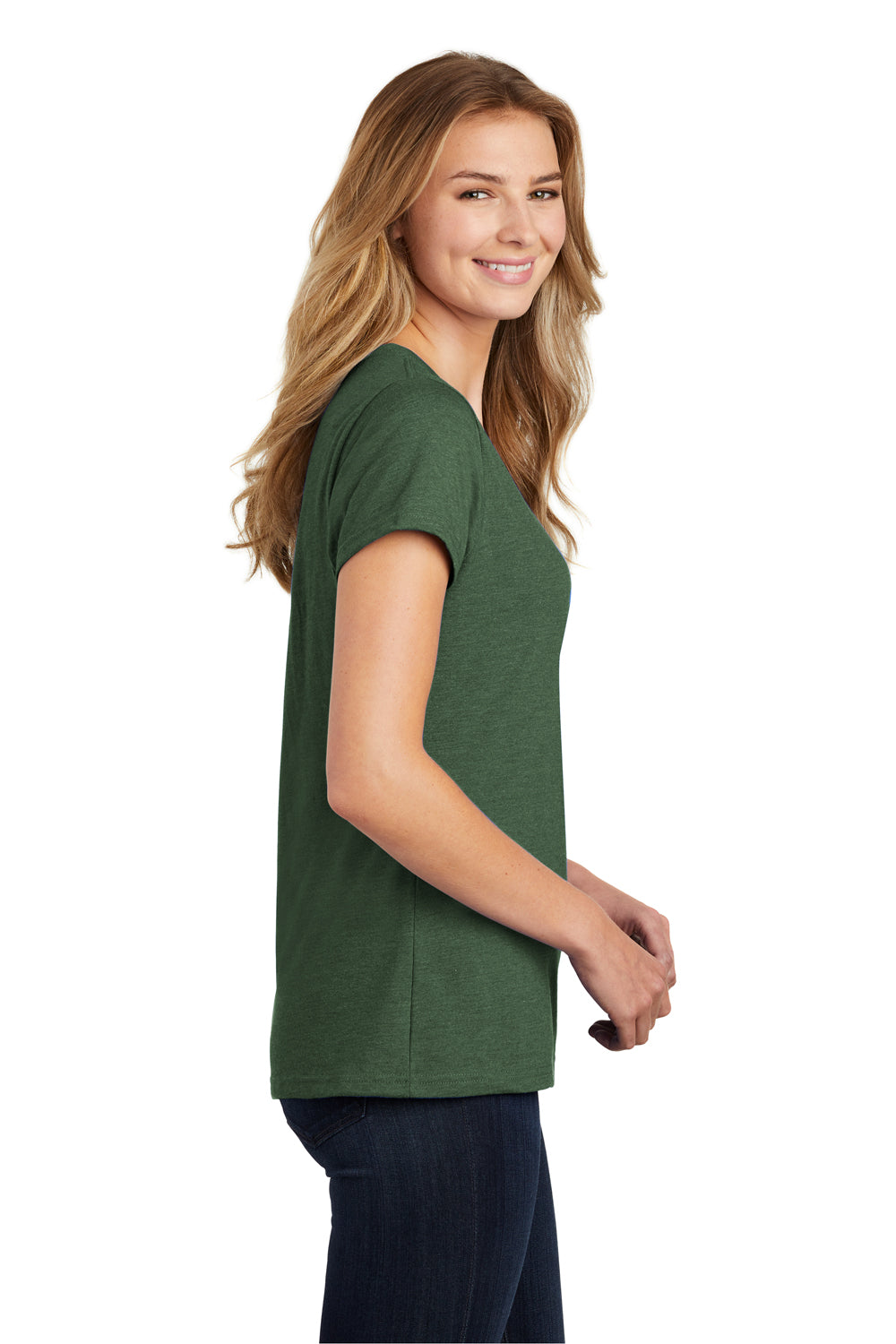 Port & Company LPC455V Womens Fan Favorite Short Sleeve V-Neck T-Shirt Heather Forest Green Model Side