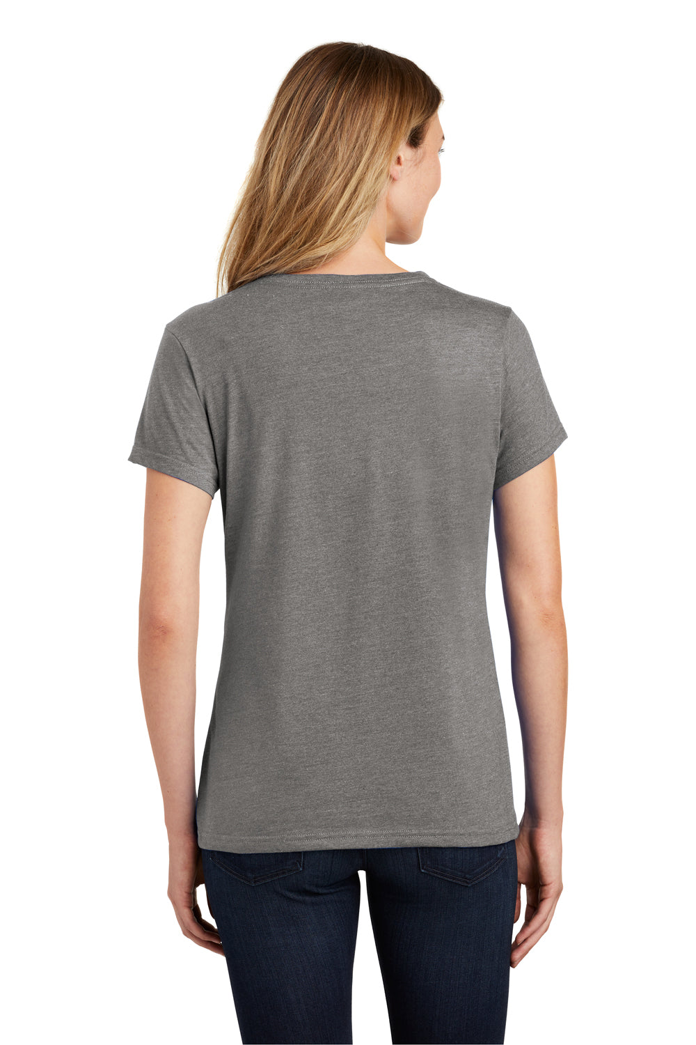 Port & Company LPC455V Womens Fan Favorite Short Sleeve V-Neck T-Shirt Heather Graphite Grey Model Back