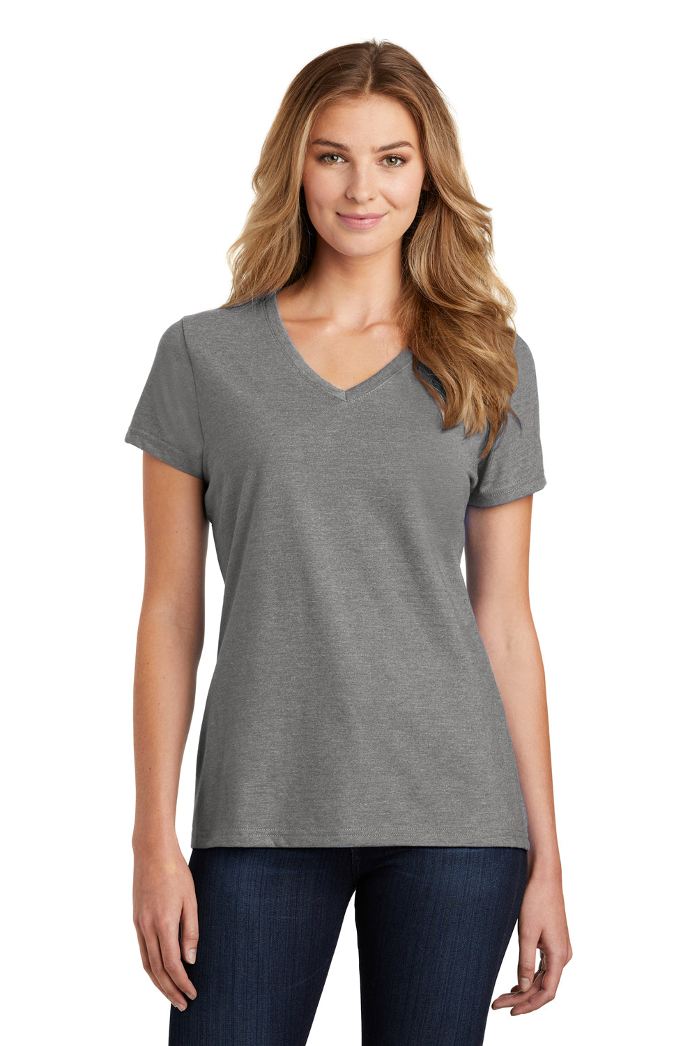 Port & Company LPC455V Womens Fan Favorite Short Sleeve V-Neck T-Shirt Heather Graphite Grey Model Front