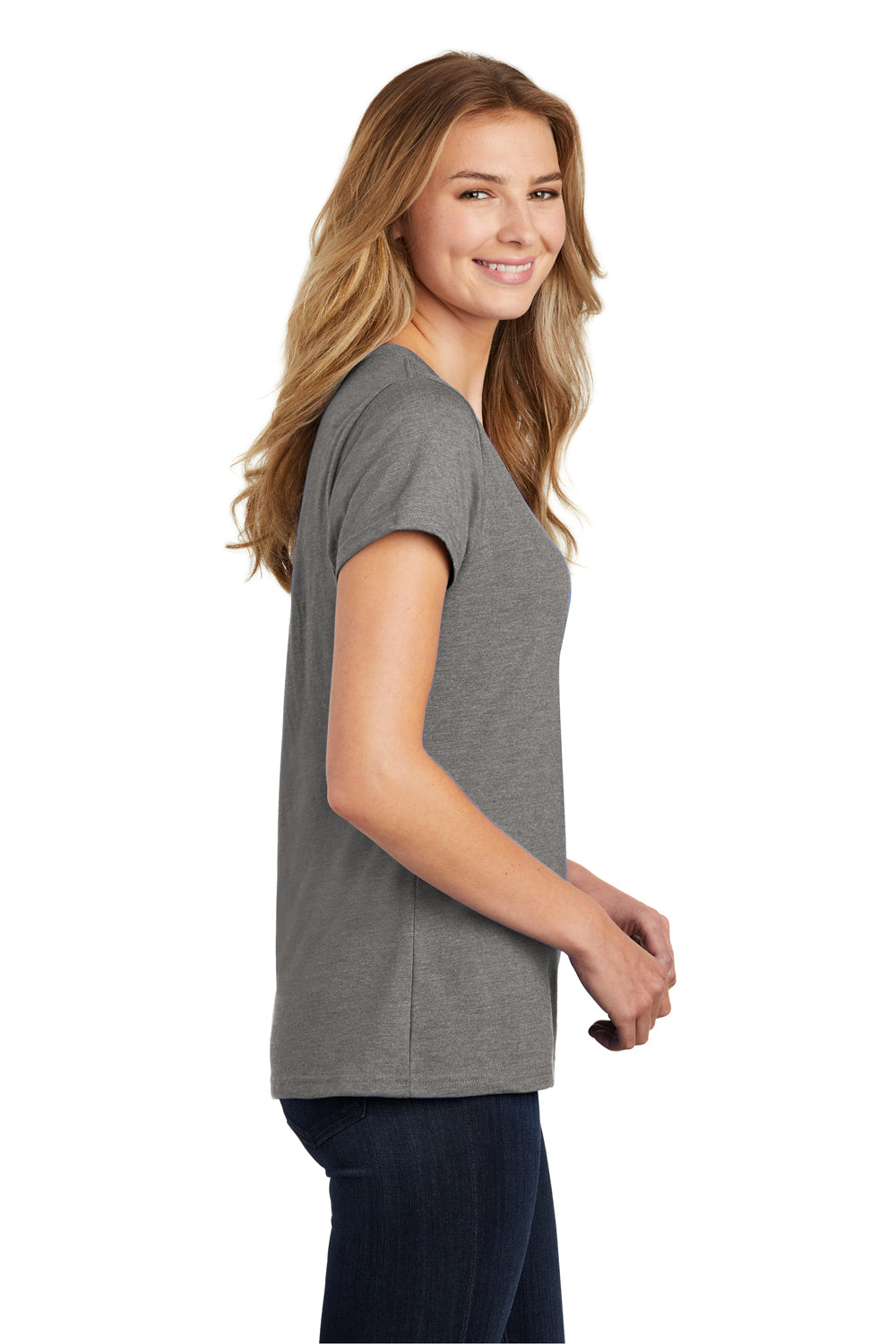 Port & Company LPC455V Womens Fan Favorite Short Sleeve V-Neck T-Shirt Heather Graphite Grey Model Side