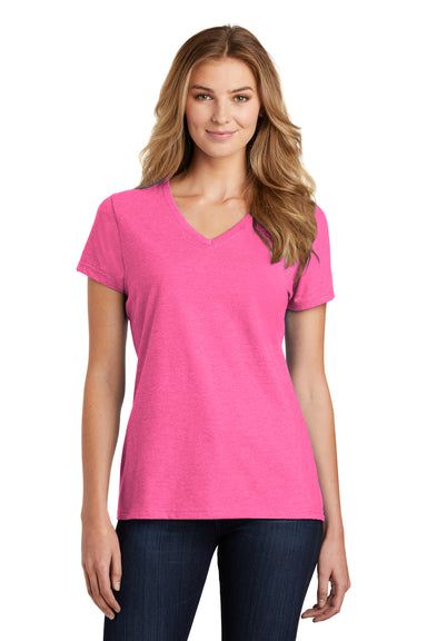 Port & Company LPC455V Womens Fan Favorite Short Sleeve V-Neck T-Shirt Heather Neon Pink Model Front