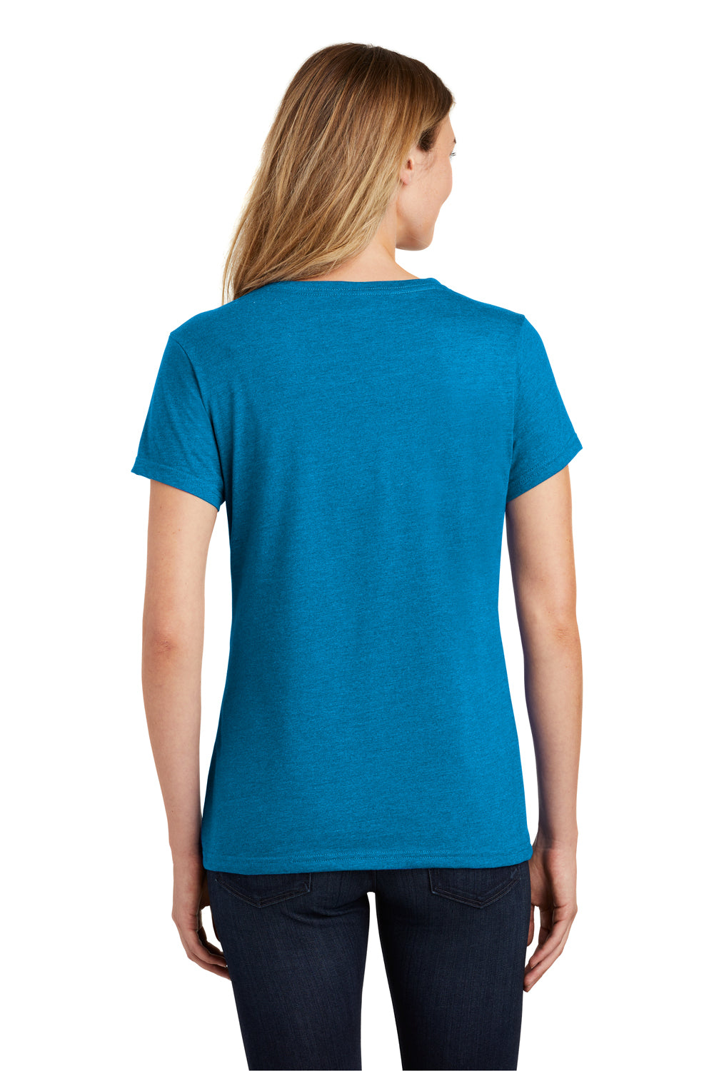 Port & Company LPC455V Womens Fan Favorite Short Sleeve V-Neck T-Shirt Heather Sapphire Blue Model Back