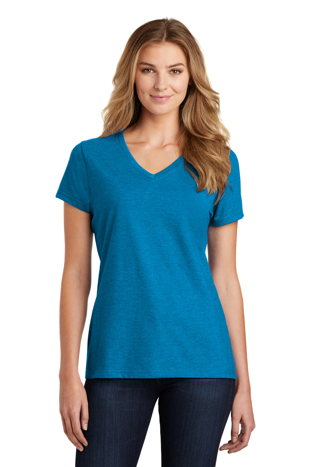 Port & Company LPC455V Womens Fan Favorite Short Sleeve V-Neck T-Shirt Heather Sapphire Blue Model Front