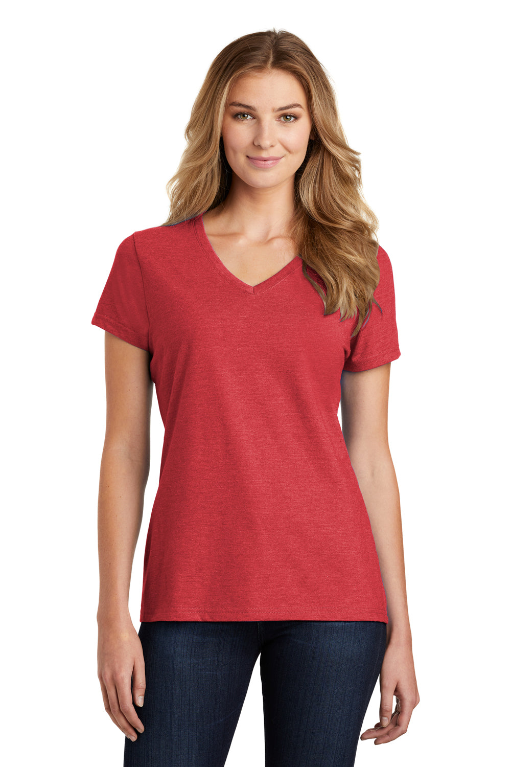 Port & Company LPC455V Womens Fan Favorite Short Sleeve V-Neck T-Shirt Heather Team Cardinal Red Model Front