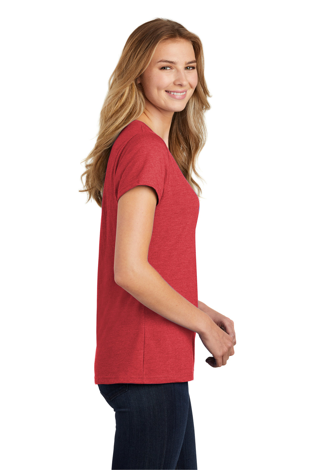 Port & Company LPC455V Womens Fan Favorite Short Sleeve V-Neck T-Shirt Heather Team Cardinal Red Model Side