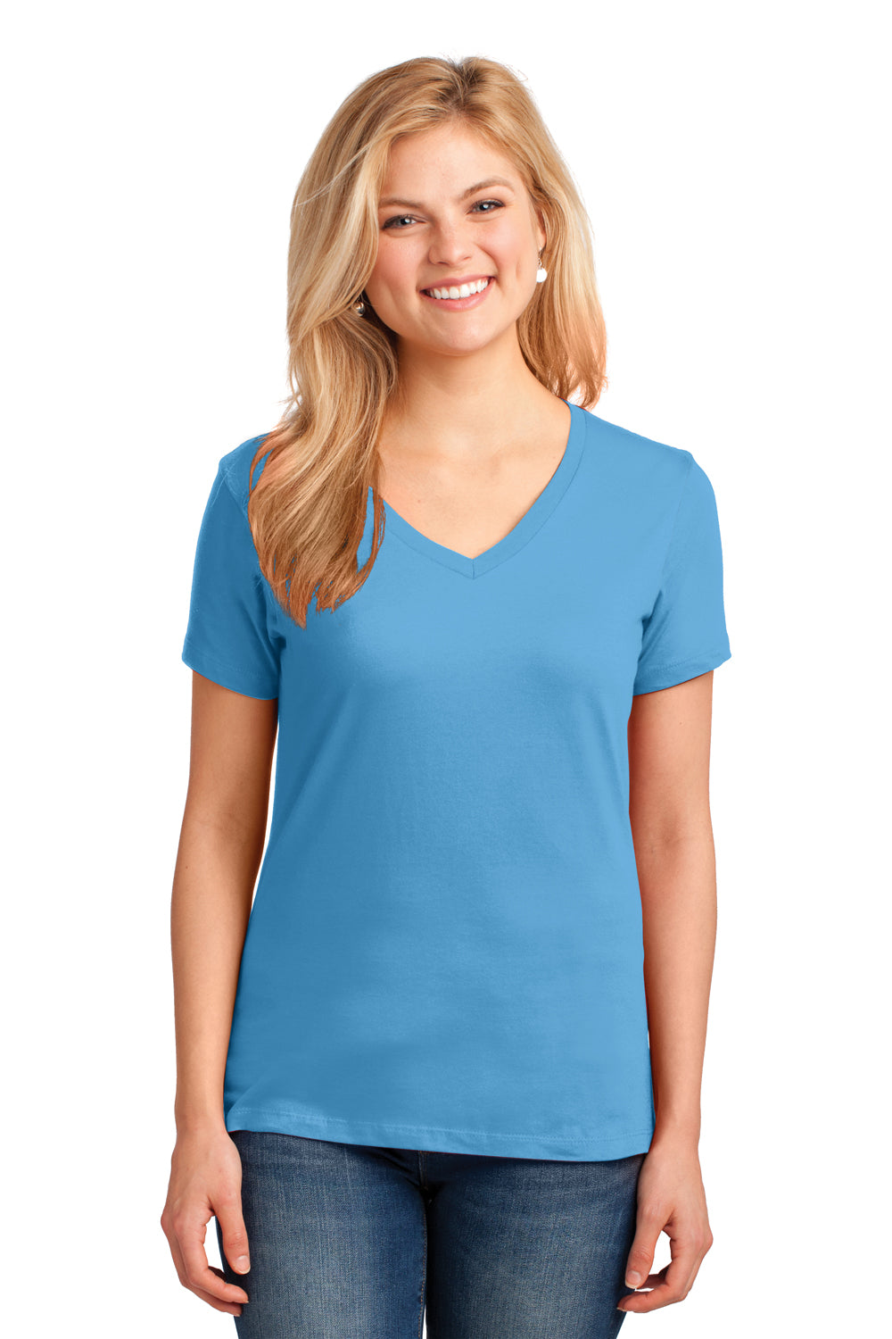 Port & Company LPC54V Womens Core Short Sleeve V-Neck T-Shirt Aquatic Blue Model Front