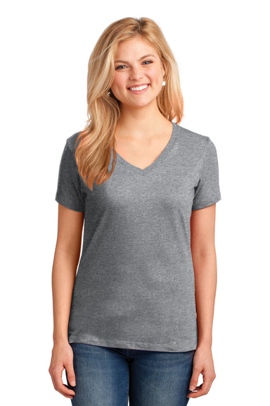 Port & Company LPC54V Womens Core Short Sleeve V-Neck T-Shirt Heather Grey Model Front