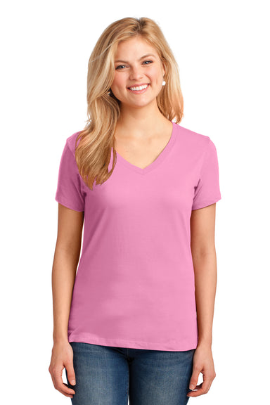 Port & Company LPC54V Womens Core Short Sleeve V-Neck T-Shirt Candy Pink Model Front