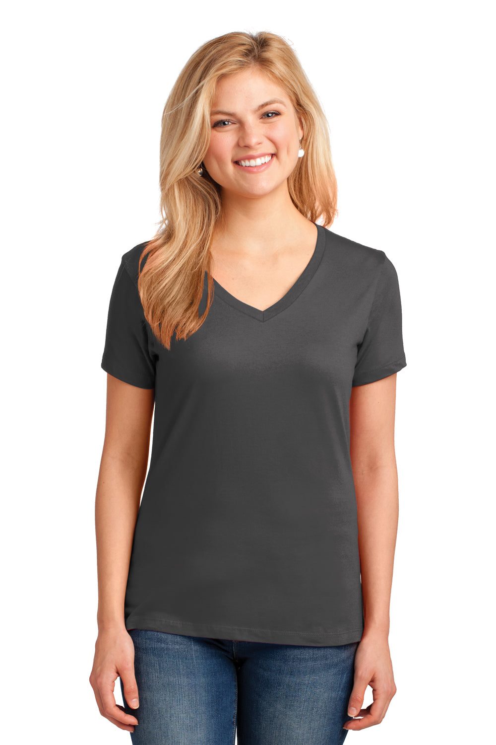 Port & Company LPC54V Womens Core Short Sleeve V-Neck T-Shirt Charcoal Grey Model Front