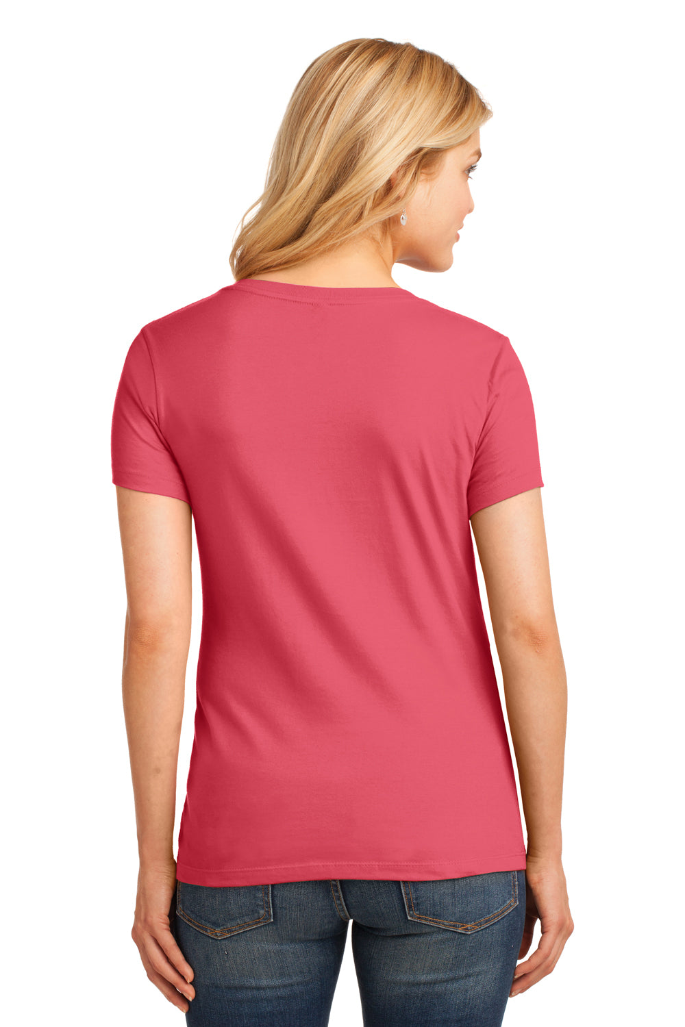 Port & Company LPC54V Womens Core Short Sleeve V-Neck T-Shirt Coral Model Back