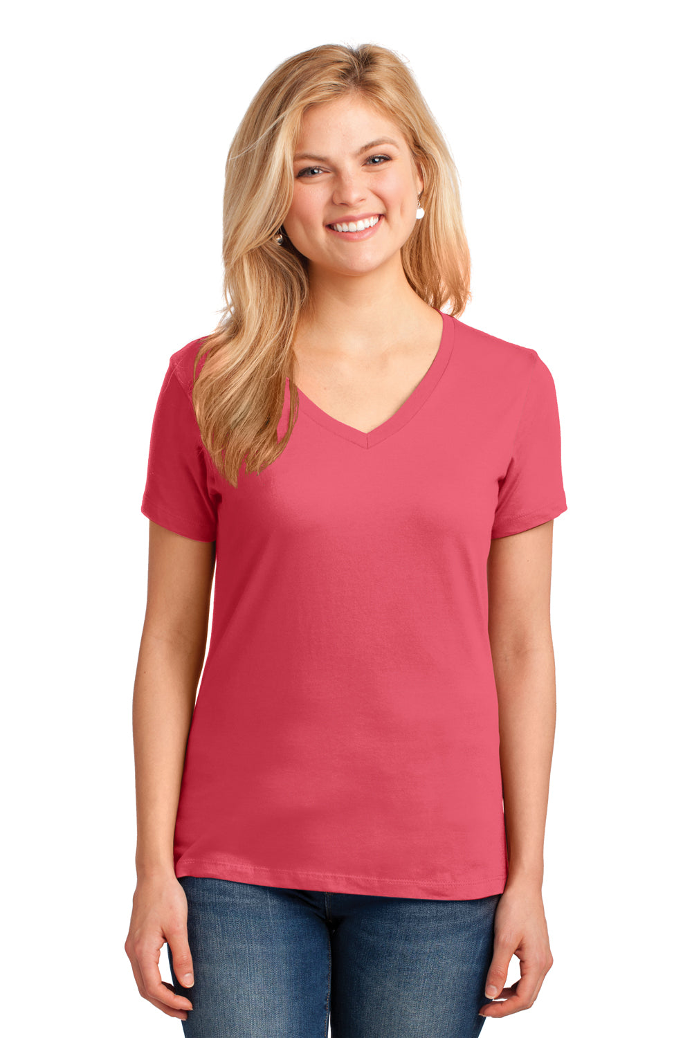 Port & Company LPC54V Womens Core Short Sleeve V-Neck T-Shirt Coral Model Front