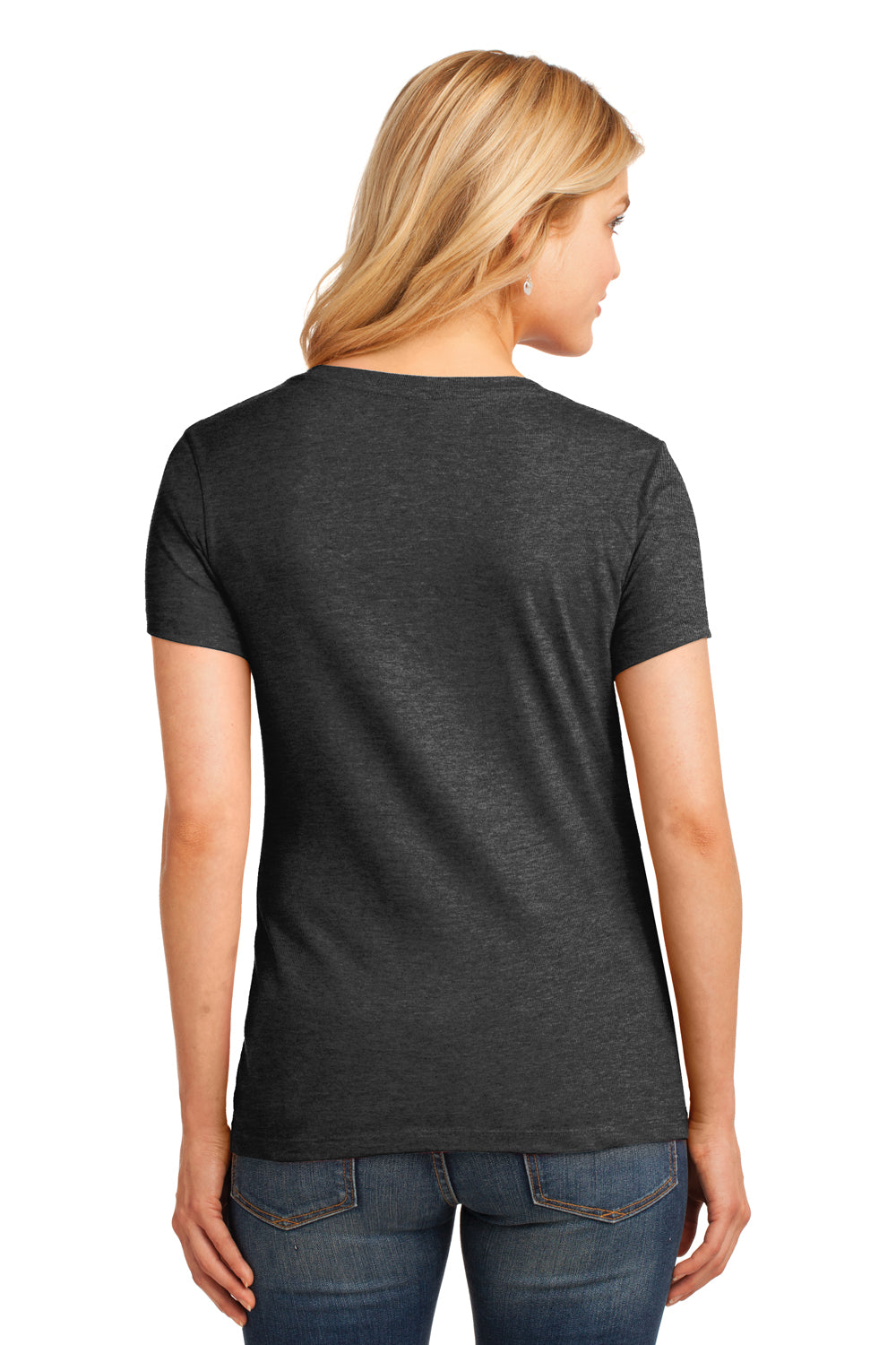 Port & Company LPC54V Womens Core Short Sleeve V-Neck T-Shirt Heather Dark Grey Model Back