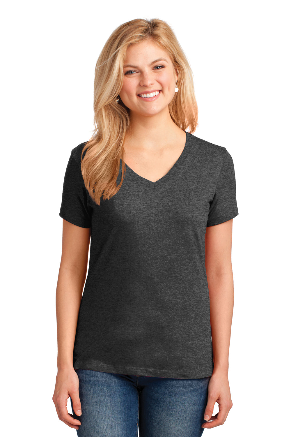 Port & Company LPC54V Womens Core Short Sleeve V-Neck T-Shirt Heather Dark Grey Model Front