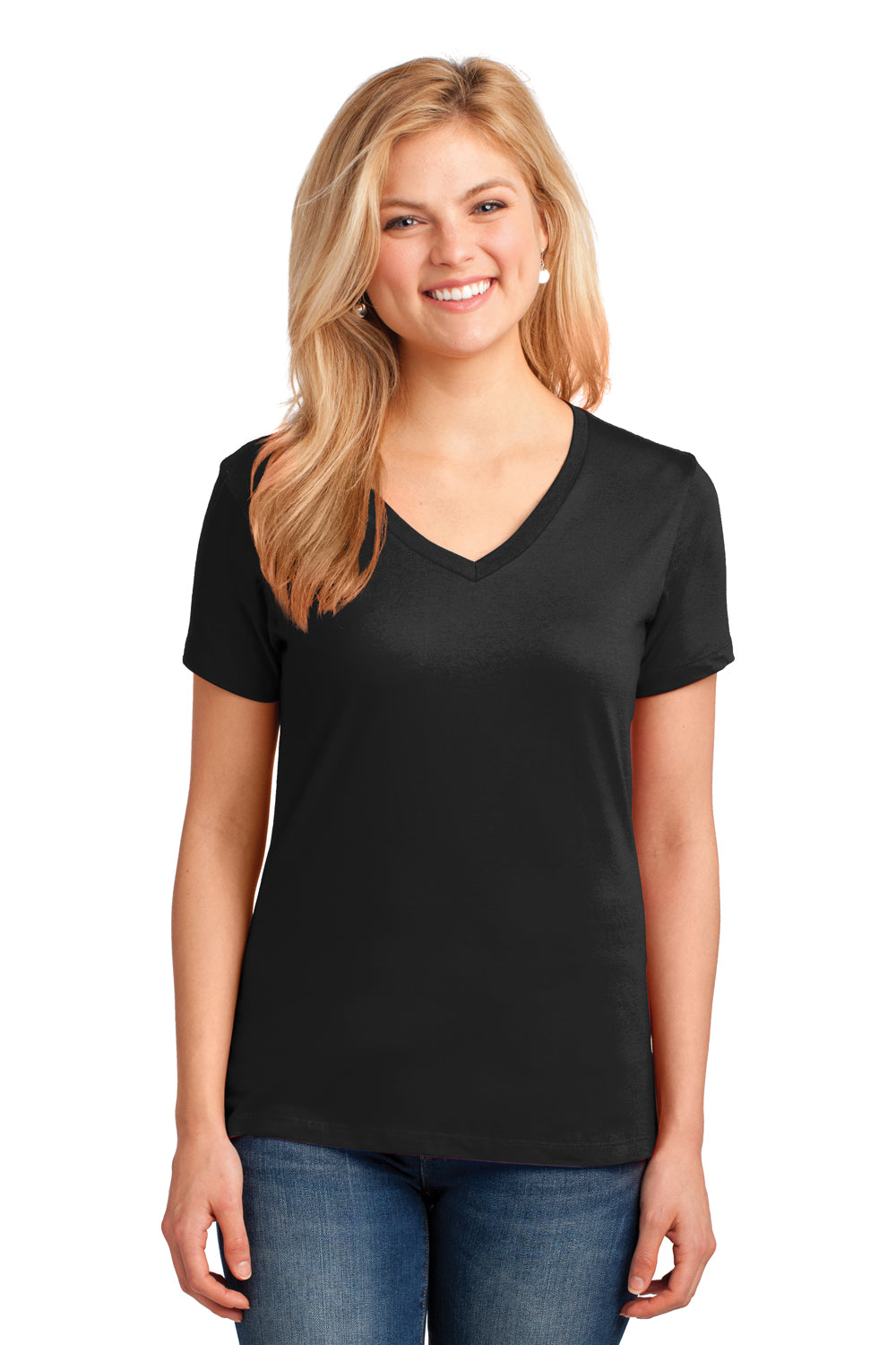 Port & Company LPC54V Womens Core Short Sleeve V-Neck T-Shirt Jet Black Model Front