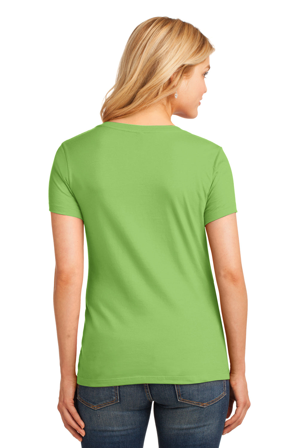 Port & Company LPC54V Womens Core Short Sleeve V-Neck T-Shirt Lime Green Model Back