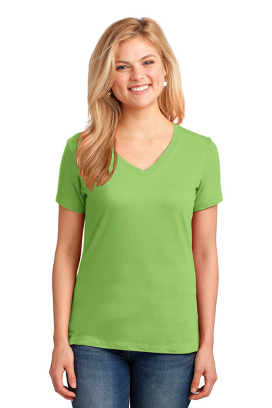 Port & Company LPC54V Womens Core Short Sleeve V-Neck T-Shirt Lime Green Model Front