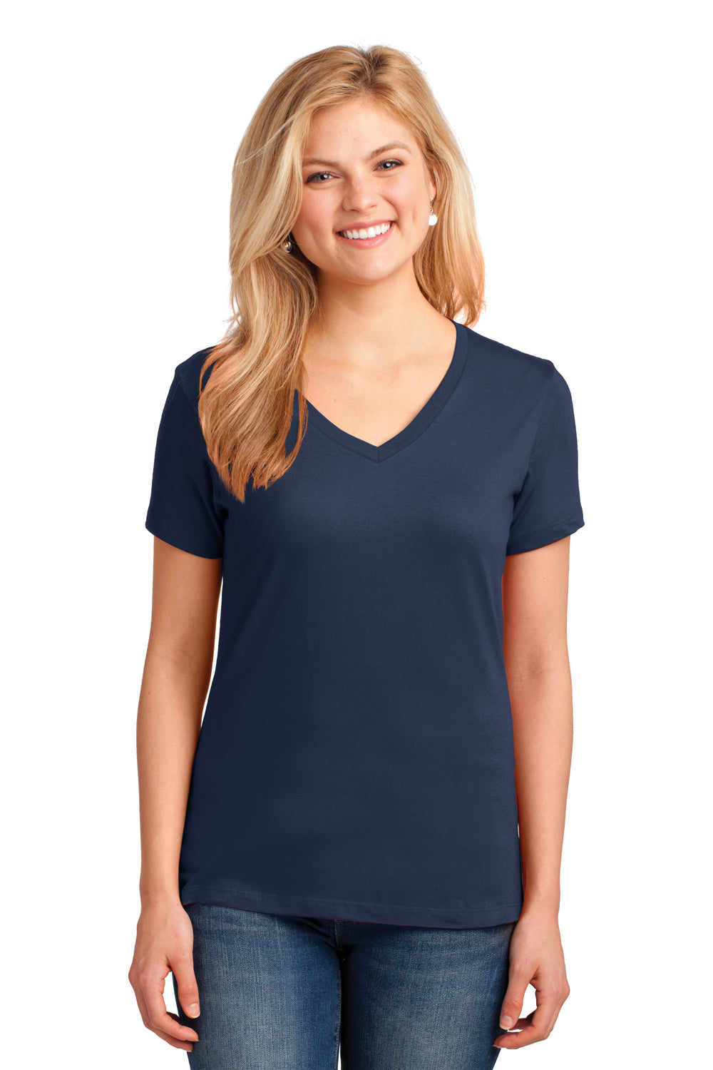 Port & Company LPC54V Womens Core Short Sleeve V-Neck T-Shirt Navy Blue Model Front