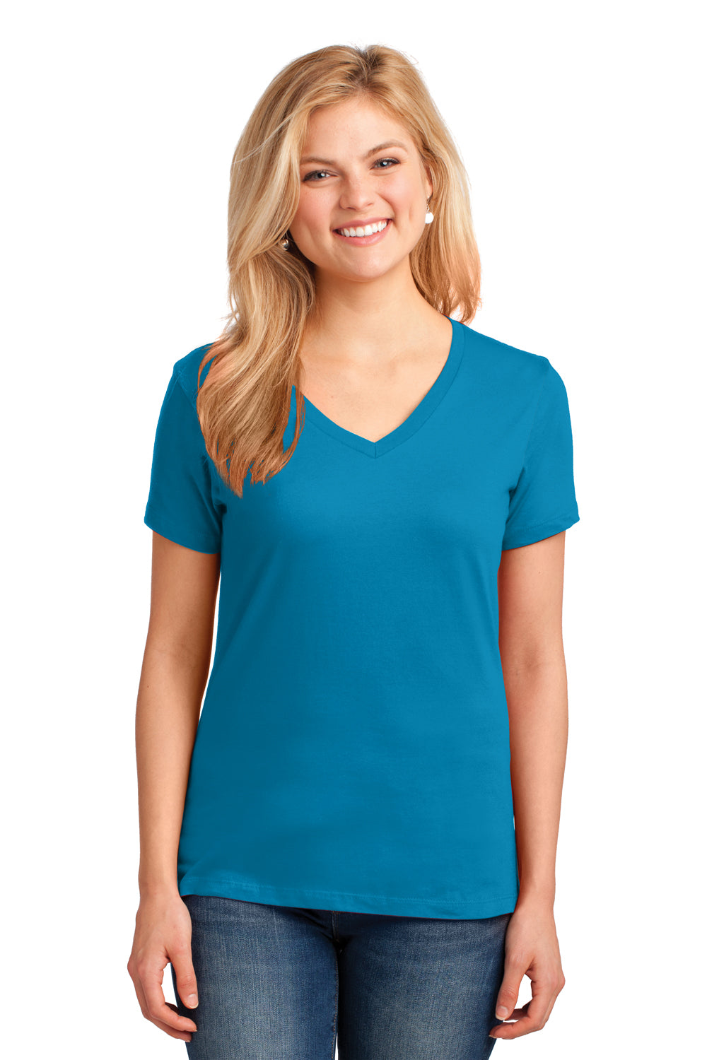 Port & Company LPC54V Womens Core Short Sleeve V-Neck T-Shirt Neon Blue Model Front