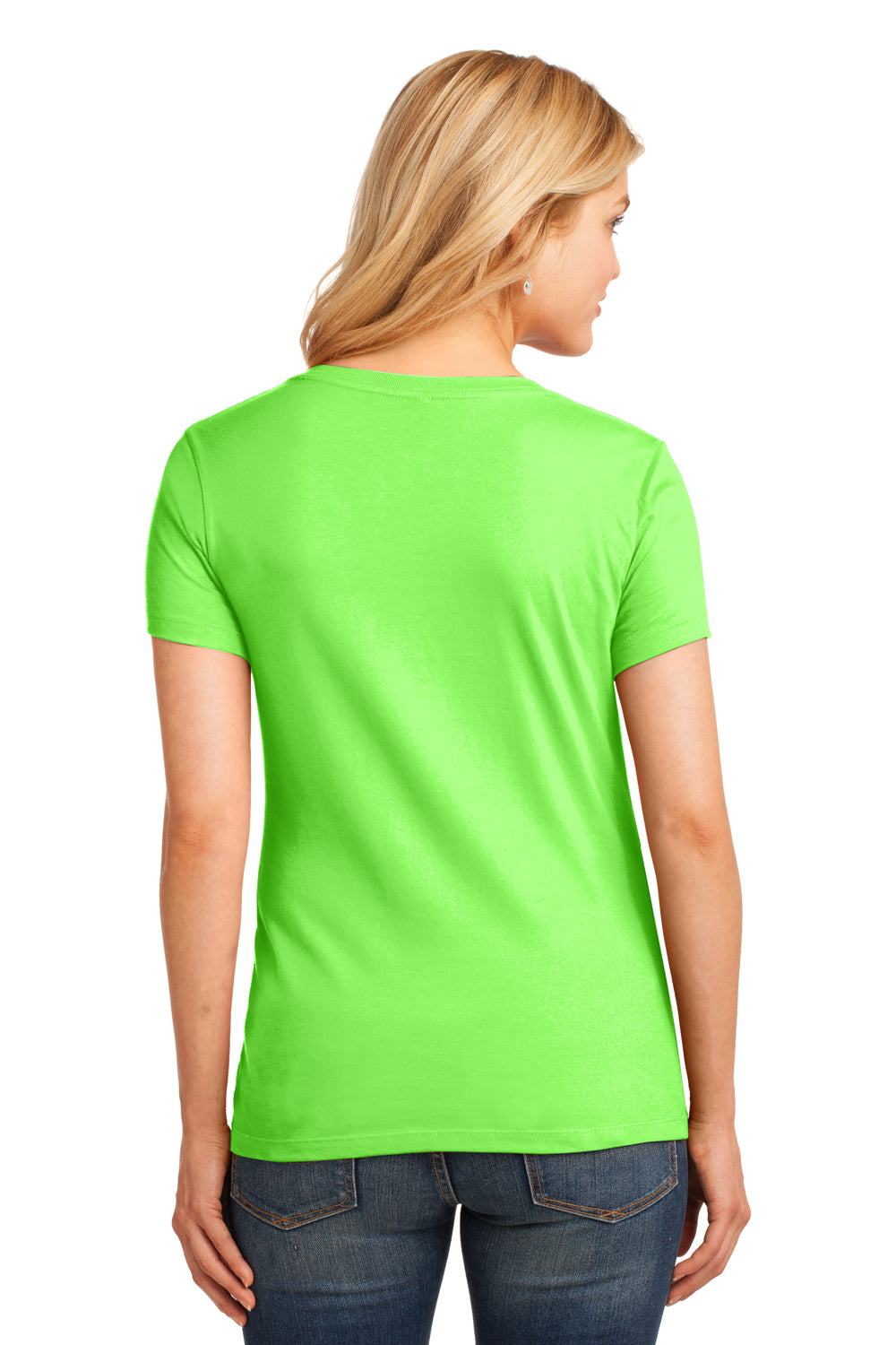 Port & Company LPC54V Womens Core Short Sleeve V-Neck T-Shirt Neon Green Model Back