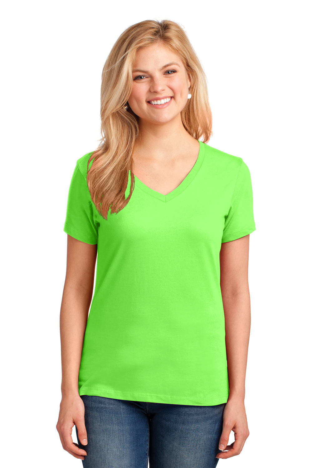 Port & Company LPC54V Womens Core Short Sleeve V-Neck T-Shirt Neon Green Model Front