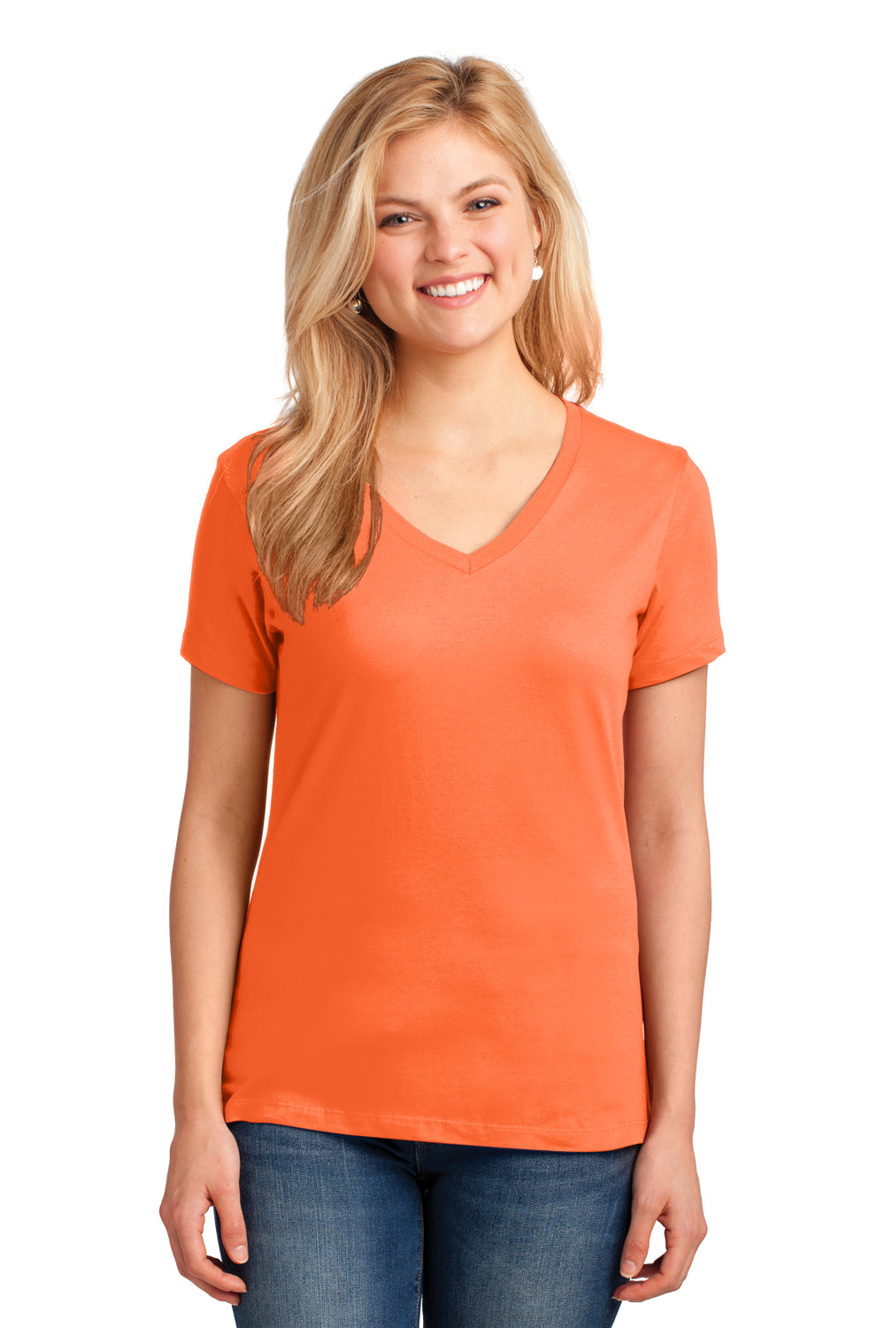 Port & Company LPC54V Womens Core Short Sleeve V-Neck T-Shirt Neon Orange Model Front