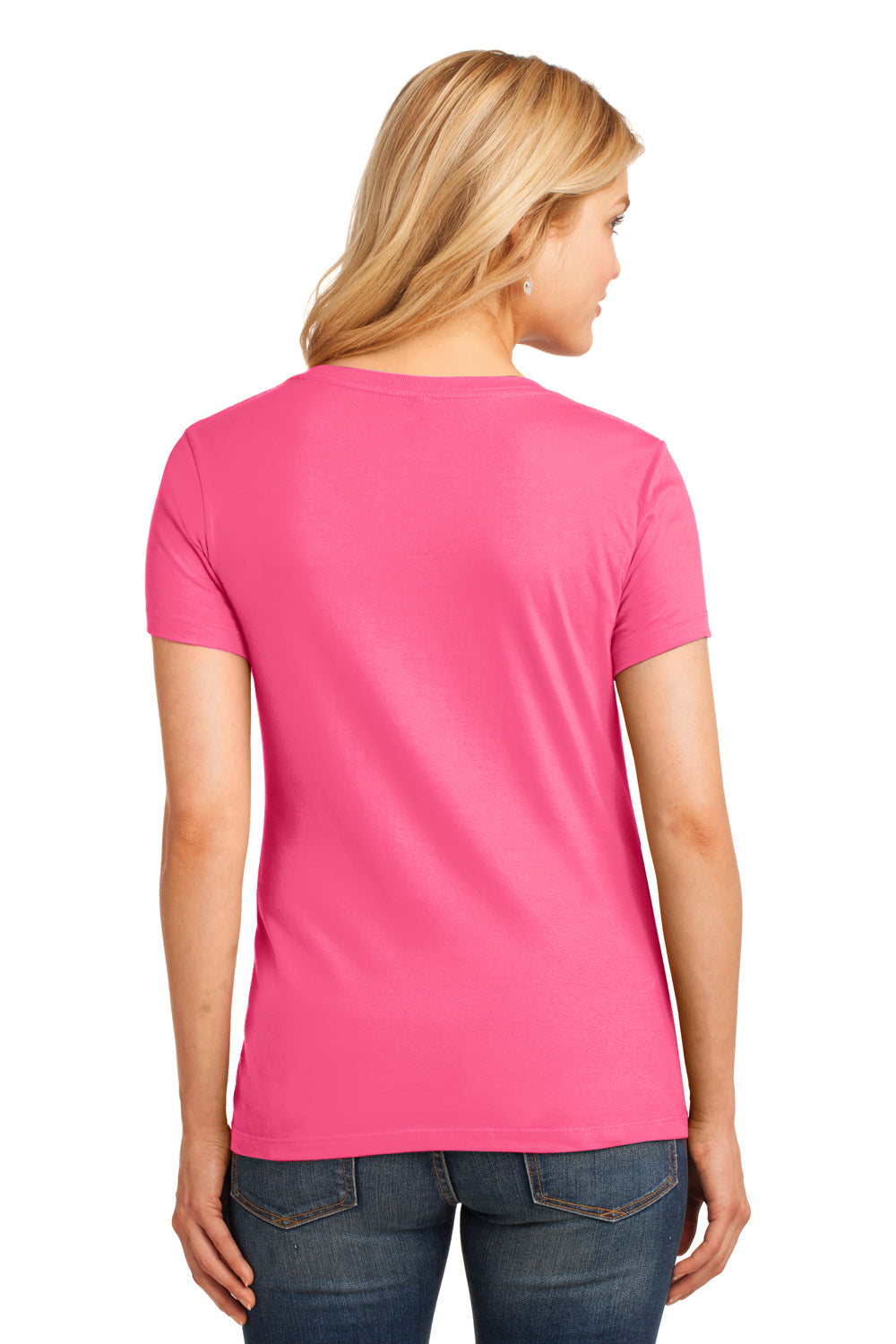 Port & Company LPC54V Womens Core Short Sleeve V-Neck T-Shirt Neon Pink Model Back