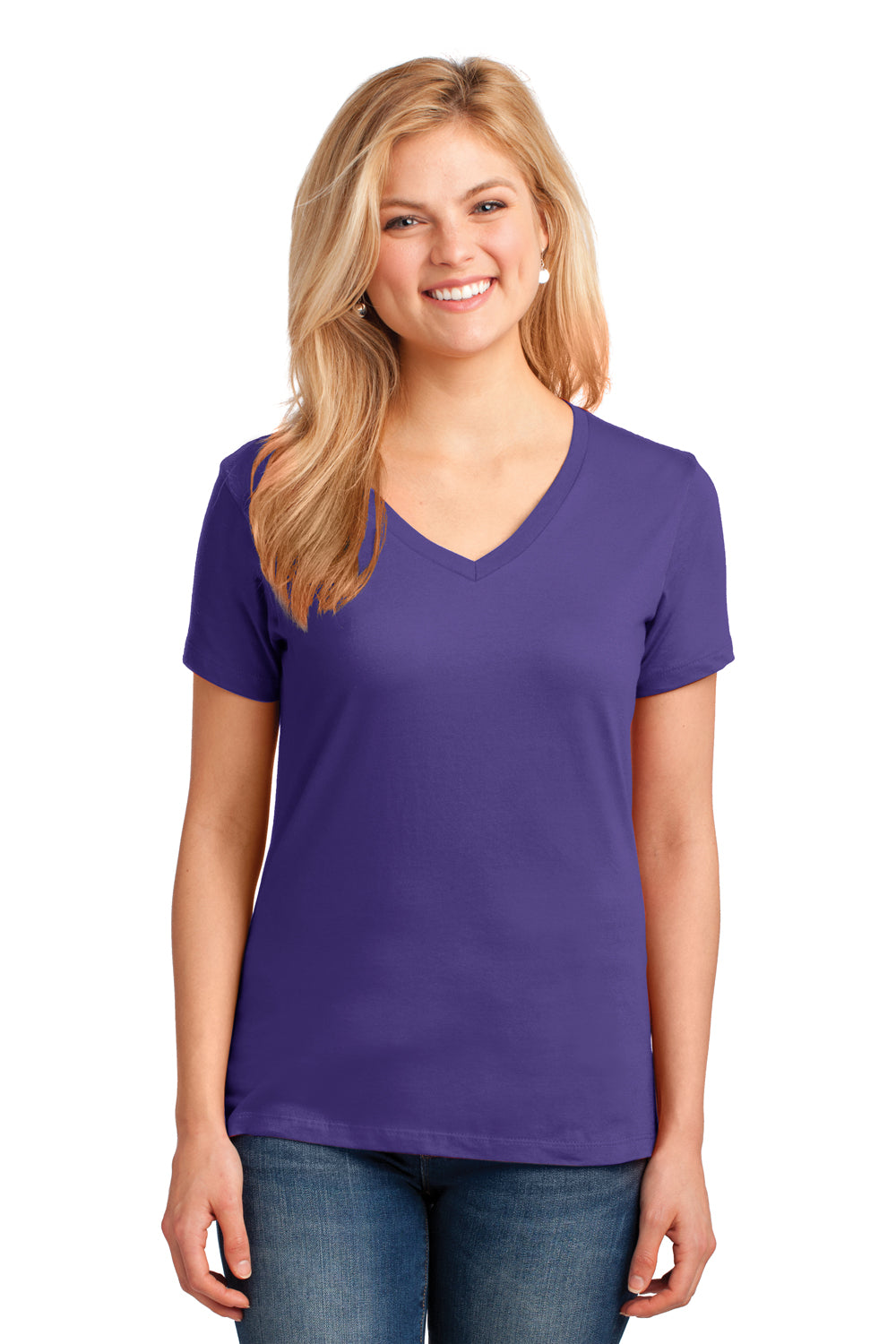 Port & Company LPC54V Womens Core Short Sleeve V-Neck T-Shirt Purple Model Front