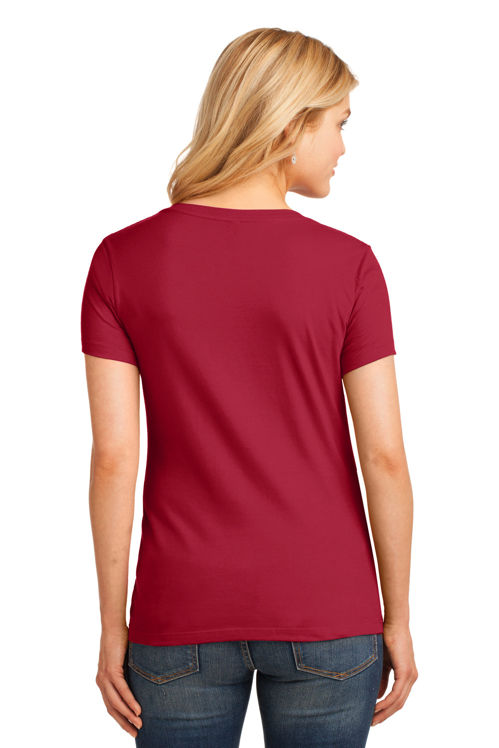 Port & Company LPC54V Womens Core Short Sleeve V-Neck T-Shirt Red Model Back