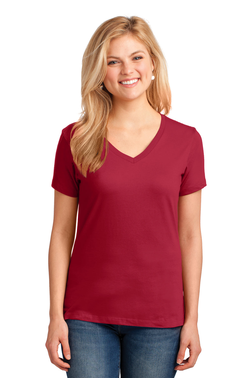 Port & Company LPC54V Womens Core Short Sleeve V-Neck T-Shirt Red Model Front