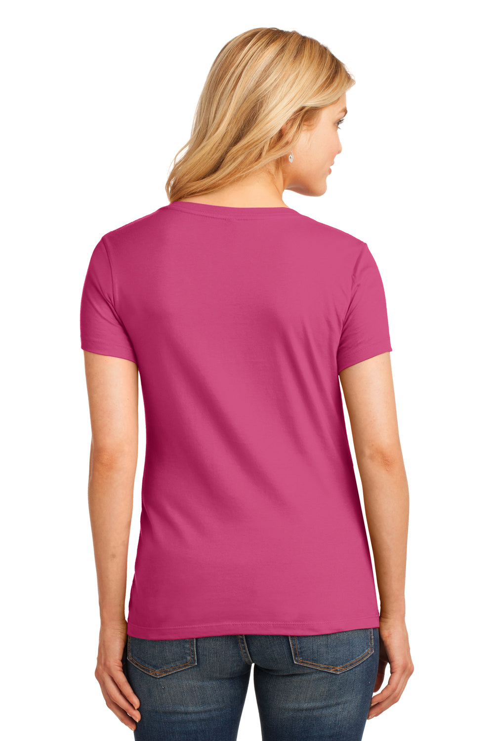 Port & Company LPC54V Womens Core Short Sleeve V-Neck T-Shirt Sangria Pink Model Back