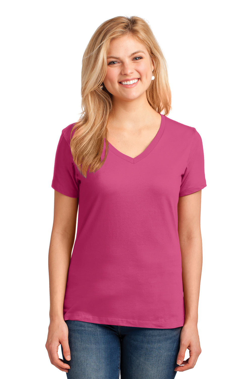 Port & Company LPC54V Womens Core Short Sleeve V-Neck T-Shirt Sangria Pink Model Front