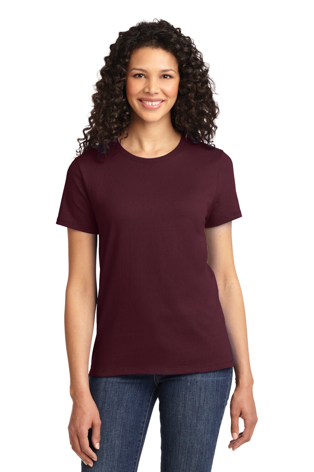 Port & Company LPC61 Womens Essential Short Sleeve Crewneck T-Shirt Athletic Maroon Model Front