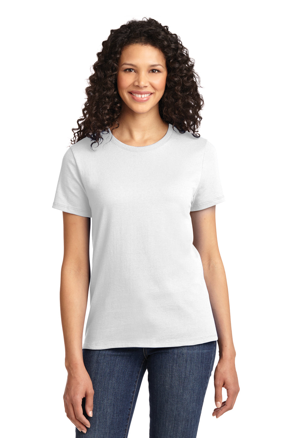 Port & Company LPC61 Womens Essential Short Sleeve Crewneck T-Shirt White Model Front