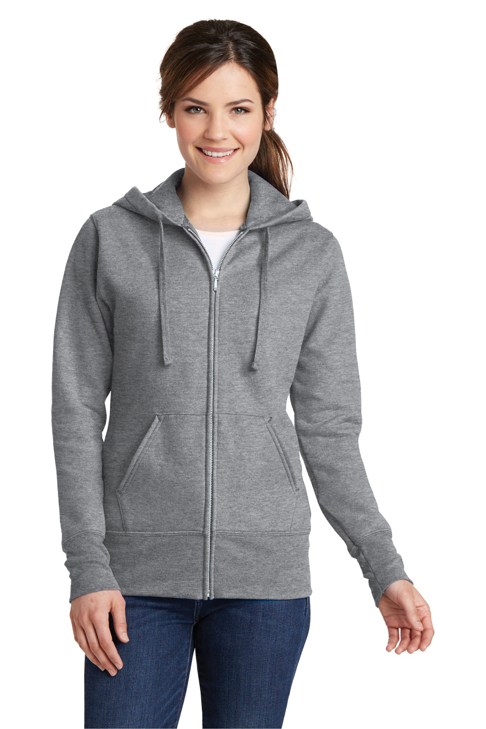 Port & Company LPC78ZH Womens Core Pill Resistant Fleece Full Zip Hooded Sweatshirt Hoodie Heather Grey Model Front