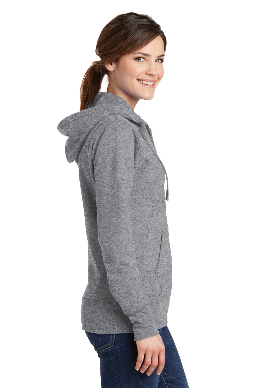 Port & Company LPC78ZH Womens Core Pill Resistant Fleece Full Zip Hooded Sweatshirt Hoodie Heather Grey Model Side