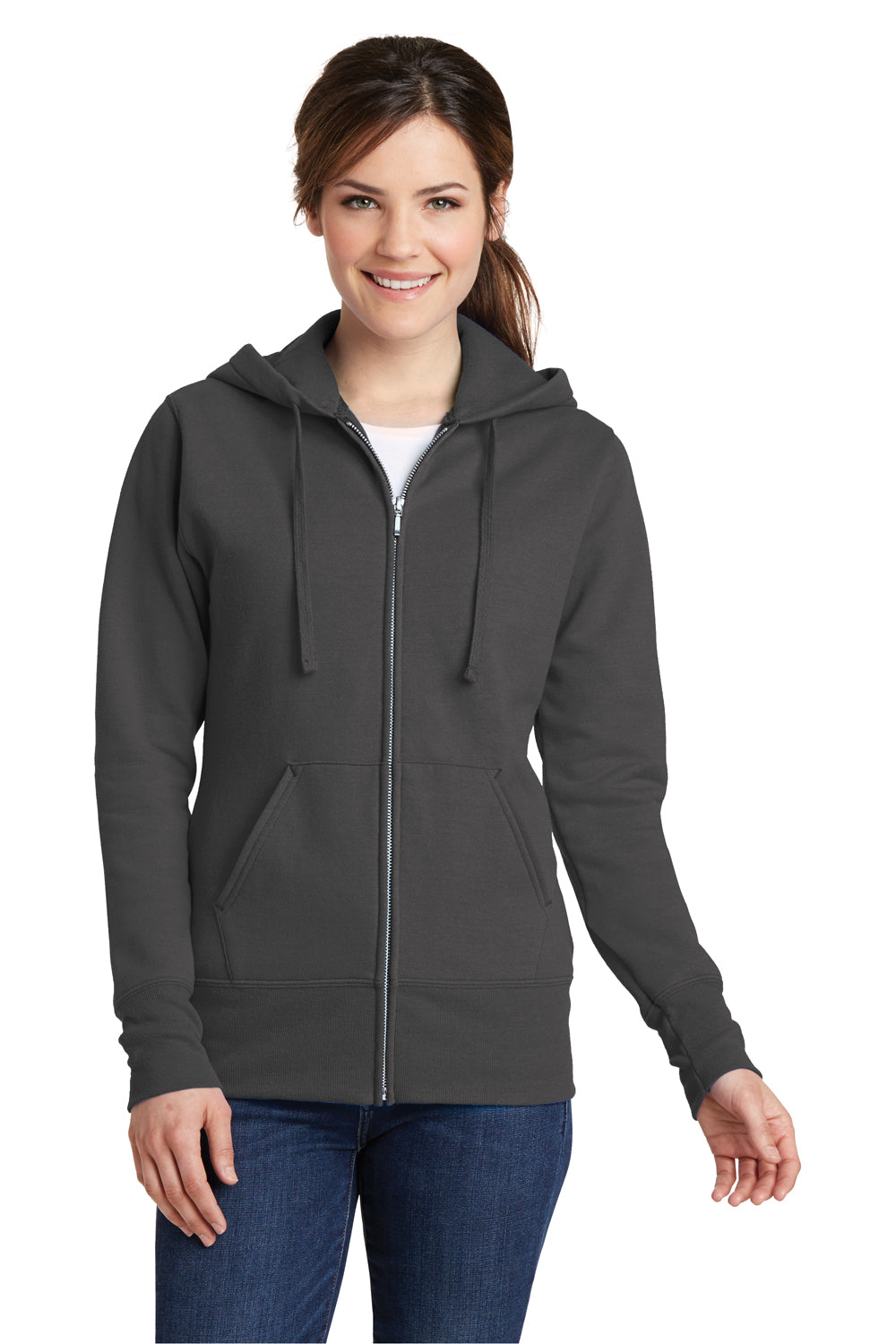 Port & Company LPC78ZH Womens Core Pill Resistant Fleece Full Zip Hooded Sweatshirt Hoodie Charcoal Grey Model Front