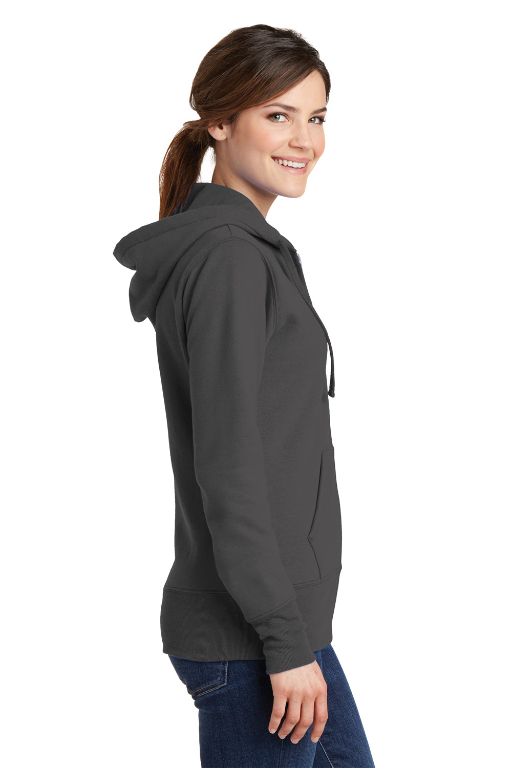 Port & Company LPC78ZH Womens Core Pill Resistant Fleece Full Zip Hooded Sweatshirt Hoodie Charcoal Grey Model Side