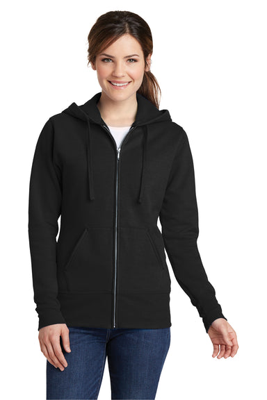 Port & Company LPC78ZH Womens Core Pill Resistant Fleece Full Zip Hooded Sweatshirt Hoodie Jet Black Model Front