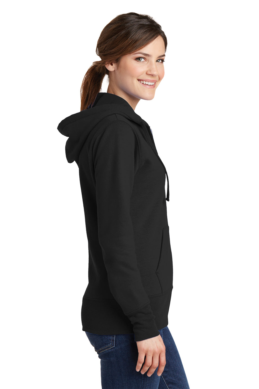 Port & Company LPC78ZH Womens Core Pill Resistant Fleece Full Zip Hooded Sweatshirt Hoodie Jet Black Model Side