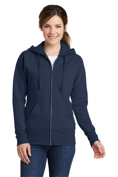 Port & Company LPC78ZH Womens Core Pill Resistant Fleece Full Zip Hooded Sweatshirt Hoodie Navy Blue Model Front