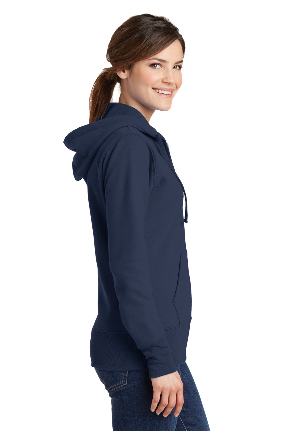 Port & Company LPC78ZH Womens Core Pill Resistant Fleece Full Zip Hooded Sweatshirt Hoodie Navy Blue Model Side