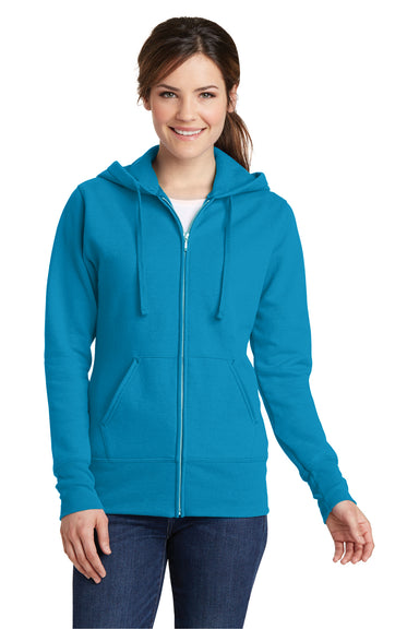 Port & Company LPC78ZH Womens Core Pill Resistant Fleece Full Zip Hooded Sweatshirt Hoodie Neon Blue Model Front