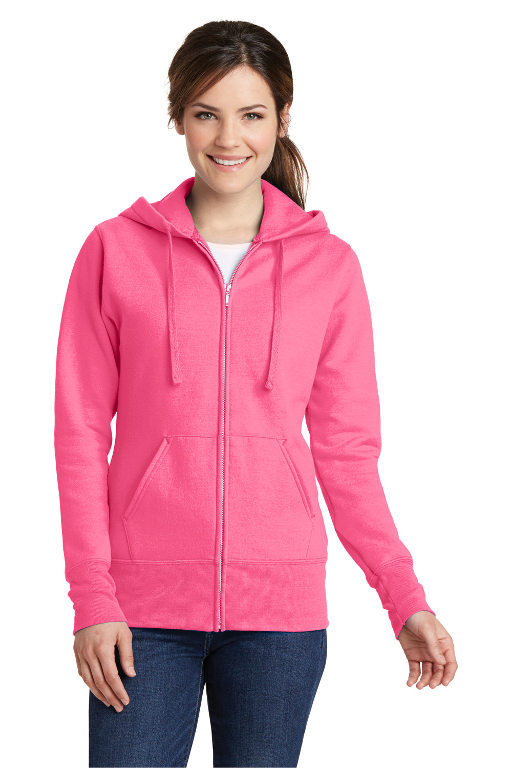 Port & Company LPC78ZH Womens Core Pill Resistant Fleece Full Zip Hooded Sweatshirt Hoodie Neon Pink Model Front