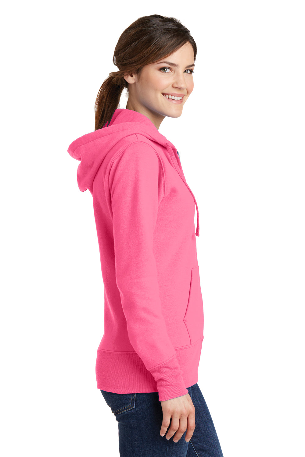 Port & Company LPC78ZH Womens Core Pill Resistant Fleece Full Zip Hooded Sweatshirt Hoodie Neon Pink Model Side