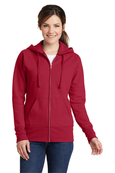 Port & Company LPC78ZH Womens Core Pill Resistant Fleece Full Zip Hooded Sweatshirt Hoodie Red Model Front