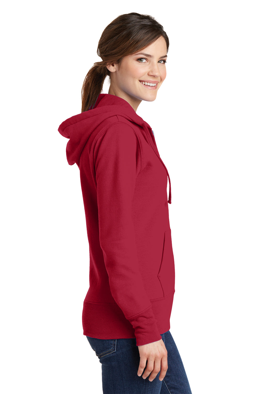 Port & Company LPC78ZH Womens Core Pill Resistant Fleece Full Zip Hooded Sweatshirt Hoodie Red Model Side